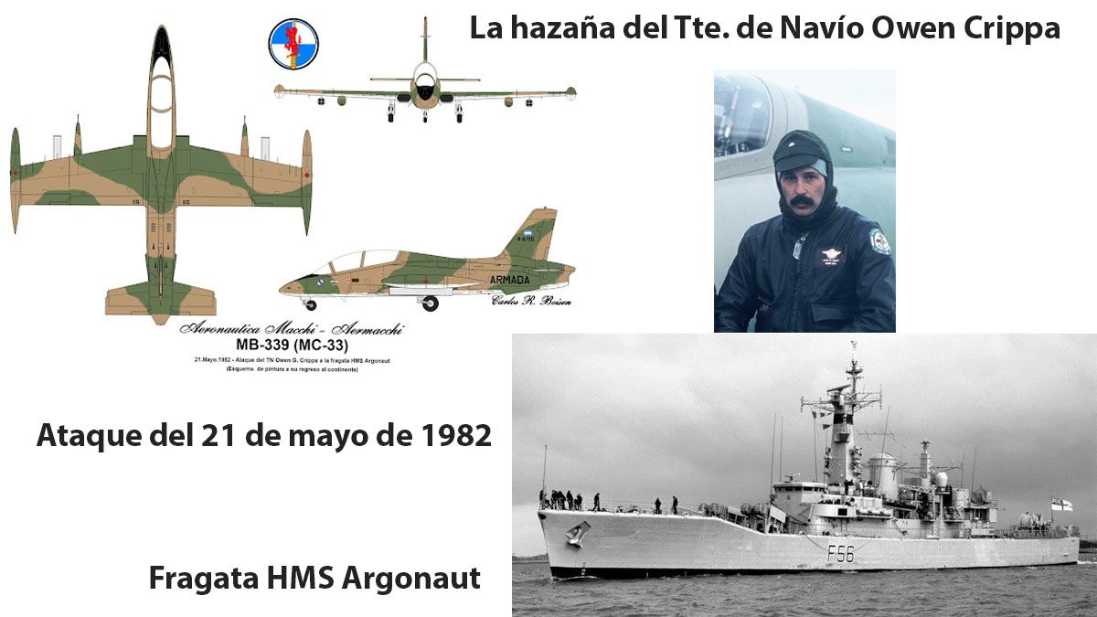 El Teniente de Navío Crippa, atacó solo, con su Aermacchi, a la flota británica en Bahía San Carlos el 21 de mayo de 1981. (Foto: A24.com)