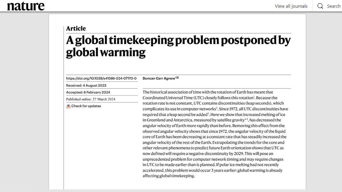 La prestigiosa revista "Nature" dice que el deshielo por el cambio clim&aacute;tico ya afecta hasta la manera de medir el tiempo (Foto: revista Nature).