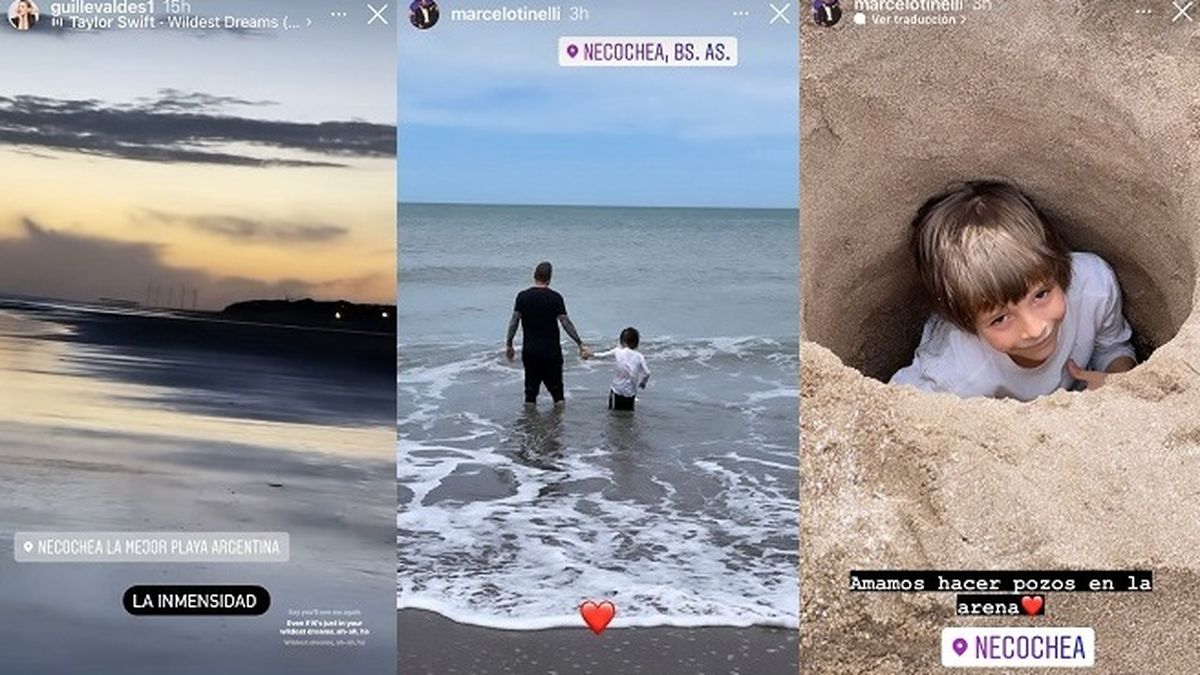 Algunas de las postales que Marcelo Tinelli y Guillermina Valdés compartieron desde Necochea en sus redes sociales.