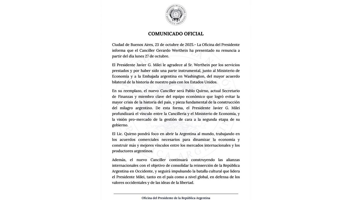 El comunicado oficial con el nombramiento de Pablo Quirno como el nuevo canciller argentino. (Foto: Oficina del Presidente)