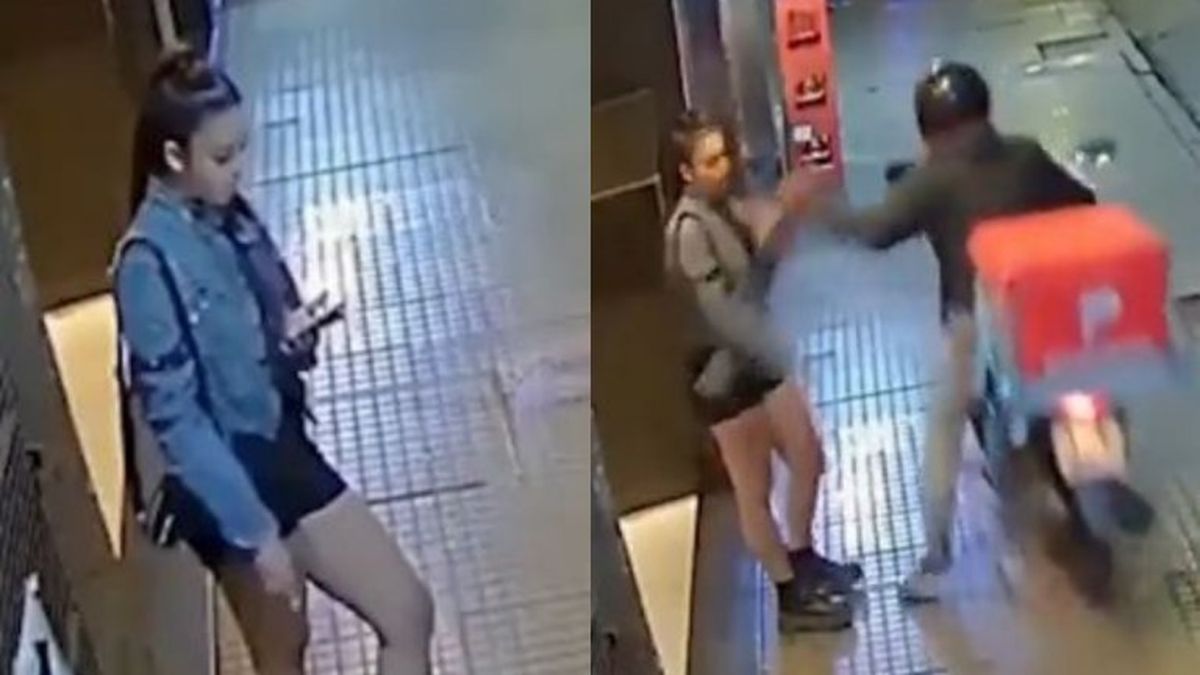 El momento del robo de un motochorro vestido de delivery. (Foto: captura)