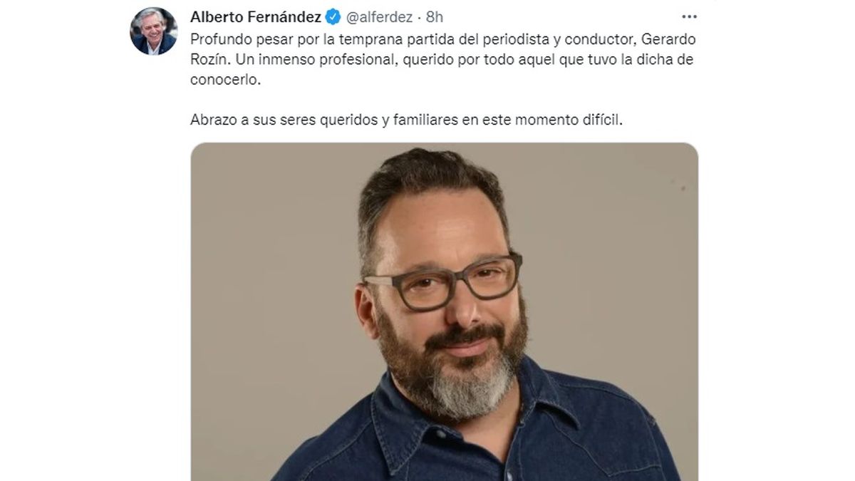 El mensaje del presidente argentino, Alberto Fern&aacute;ndez, tras la muerte de Gerardo Roz&iacute;n.&nbsp;