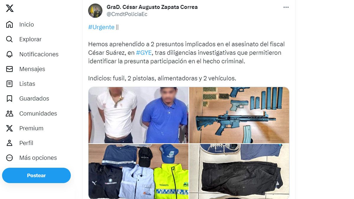 La policia ecuatoriana cree que atrapó a dos posibles responsables del magnicidio. (Foto: cuenta de X de la policia ecuatoriana)