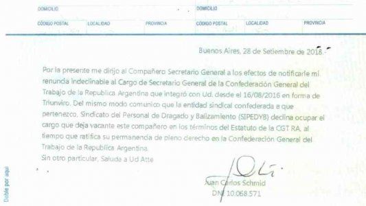 Ahora sí: Schmid presentó su renuncia formal a la CGT