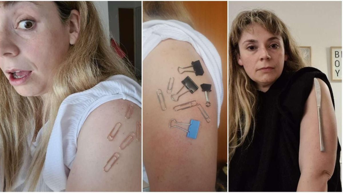 Rocío Gómez  se tomó fotografías para demostrar que quedó imantada tras recibir la vacuna de AstraZeneca. (Foto: gentileza 0221 de La Plata).