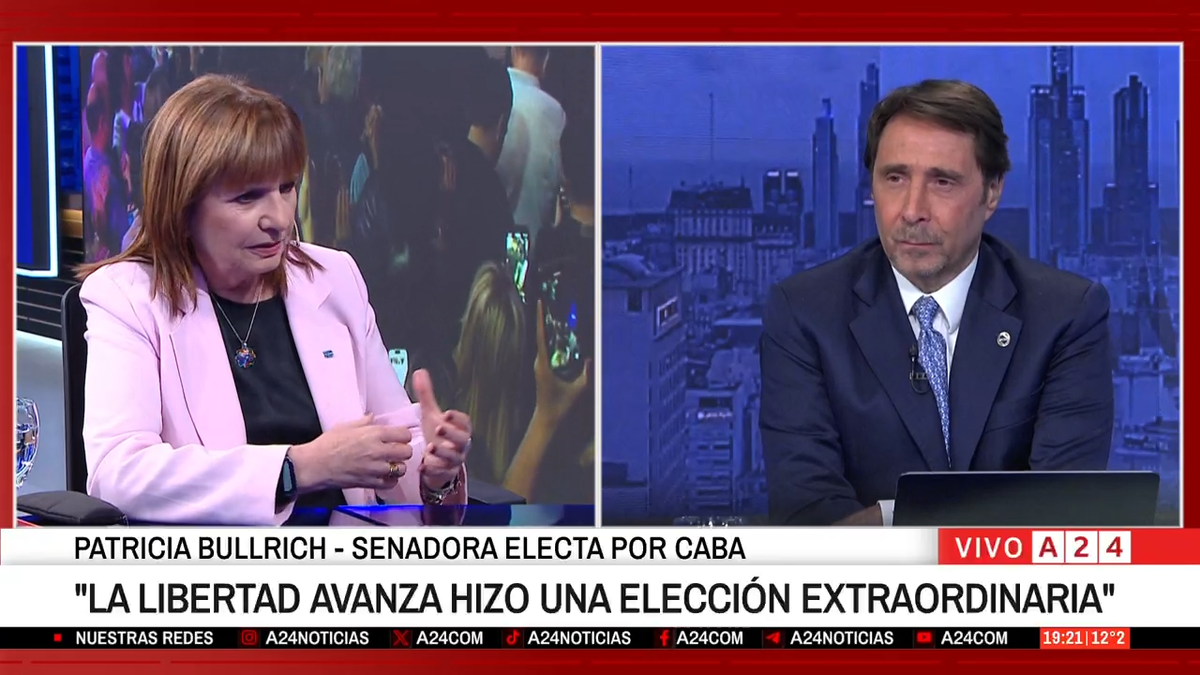 Patricia Bullrich en los estudios de A24 con Eduardo Feinmann. (Foto: A24).
