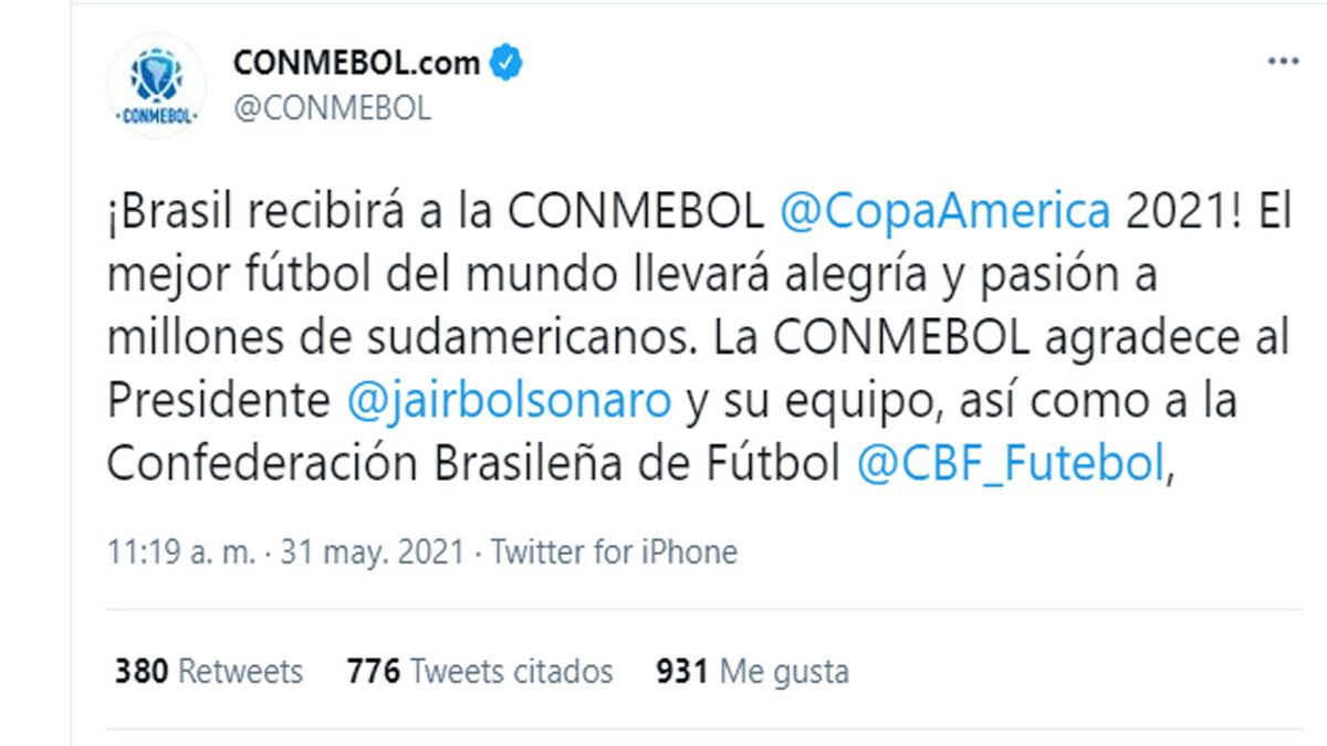 La Conmebol anunció el traslado de la copa América a Brasil. sin decir una sola palabra sobre su situación grave por la pandemia. (Foto: Cuenta oficial de Twitter de Conmebol)