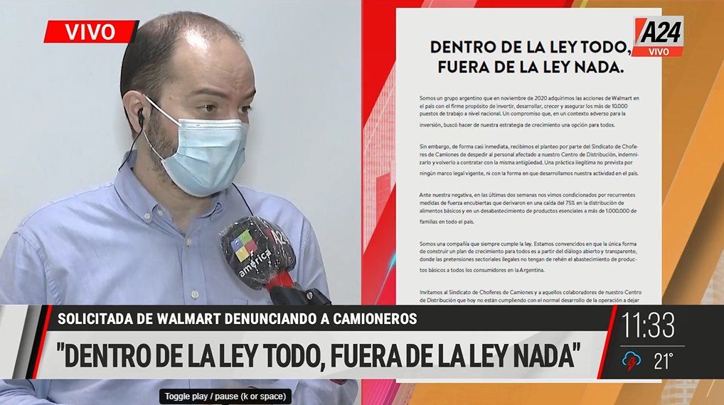 La empresa Walmart considera ilegítima la medida de fuerza de Camioneros (Foto: captura de TV).