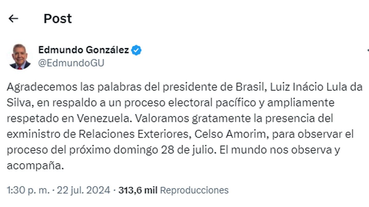 El candidato opositor, González Urrutia, le agradeció a Lula por su mensaje de advertencia a Nicolás Maduro para que respete el resultado de las elecciones. ( Foto: Cuenta de X de González Urrutia).