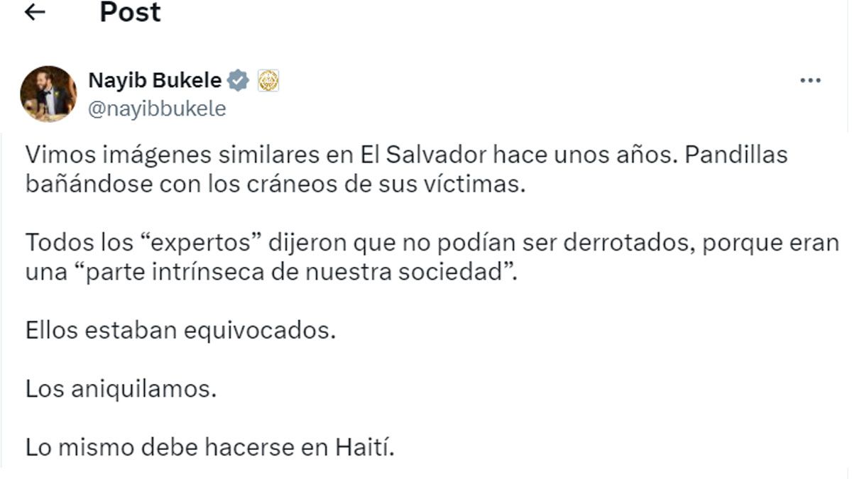 Nayib Bukele ofrece el m&eacute;todo que aplic&oacute; en El Salvador para actuar contra las bandas del crimen organizado (Foto: cuenta de Bukele en X).