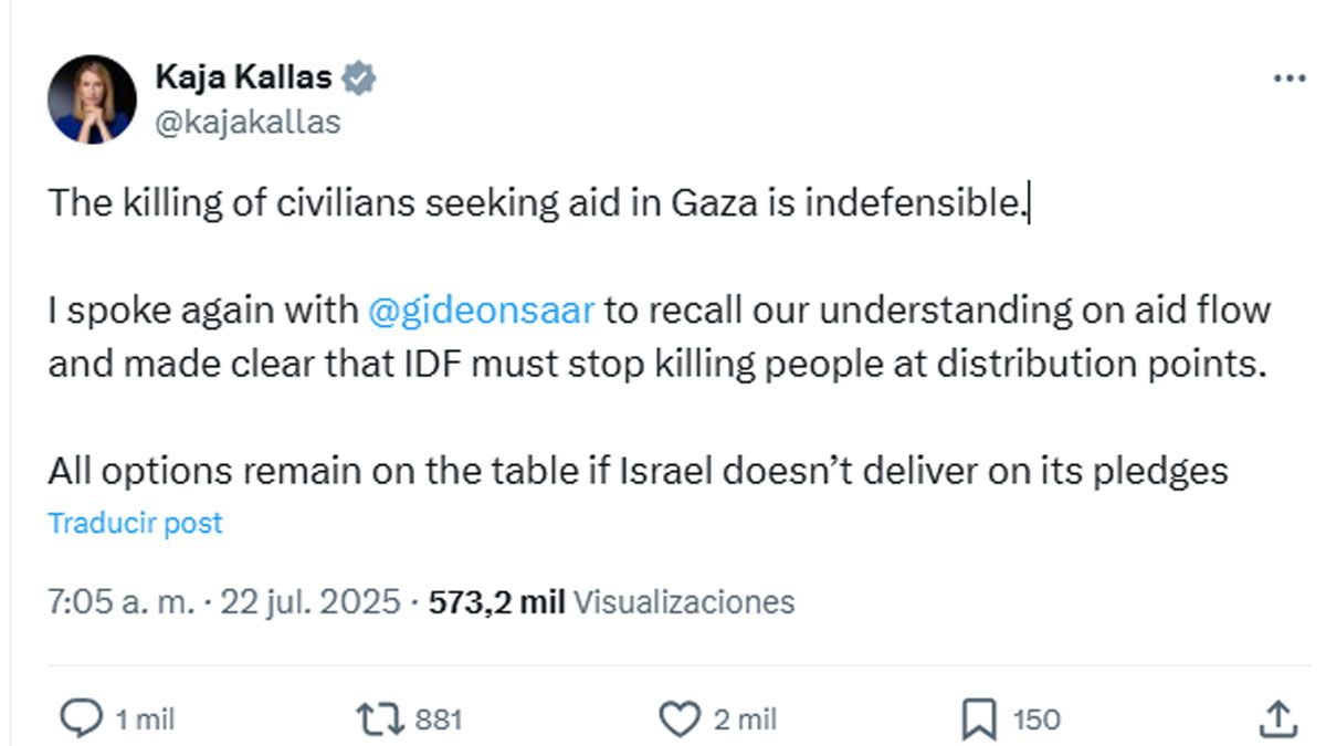 La vicepresidenta de la UE le envió un mensaje a Israel para que finalicen los ataques a la población civil en Gaza y se cumpla con un plan de ayuda humanitaria permanente. (Foto: Mensaje de 