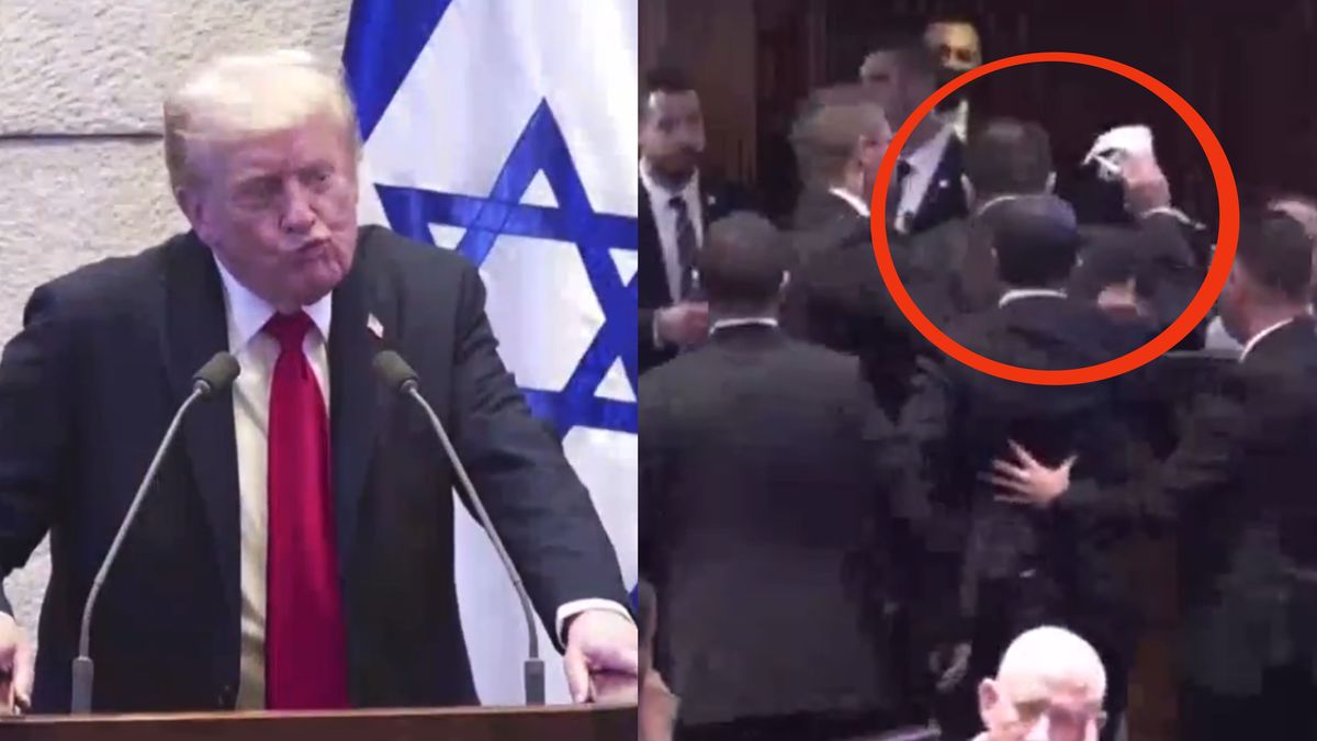 Trump observa cómo expulsan a los legisladores que interrumpieron su discurso en el Parlamento israelí. (Foto: A24.com)