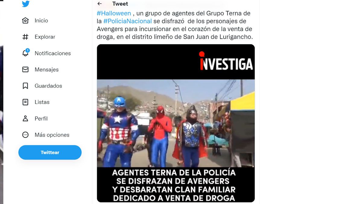 La policía de Lima subió en las redes sociales al grupo de agentes camuflados como superhéroes en su acción contra vendedores de droga (Foto: Cuenta de Twitter de Investiga Perú)