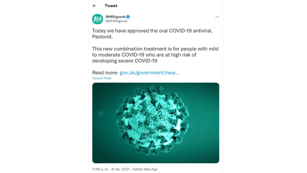 El antiviral disminuye en un 90% el riesgo de internación y muerte por coronavirus (Foto: MHRA, cuenta de twitter)