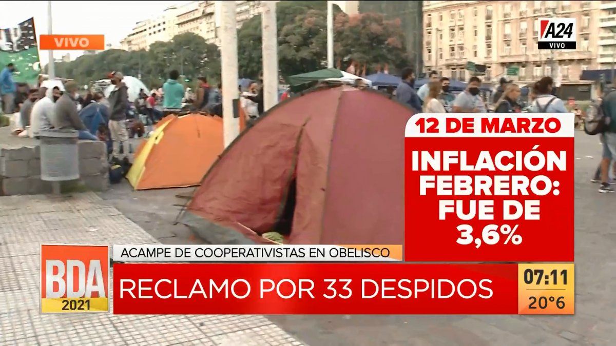 Acampe en la av. 9 de julio por el reclamo de 33 despidos en el Programa de Veredas Limpias del GCBA. (Captura de Tv)