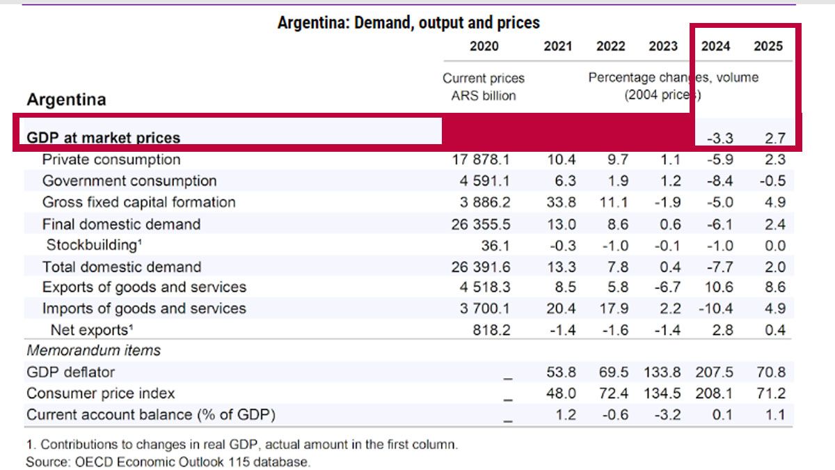 Para la OCDE, el PBI argentino caerá el 3,3% en este año y subirá un 2,7% en 2025. (Foto: OCDE)