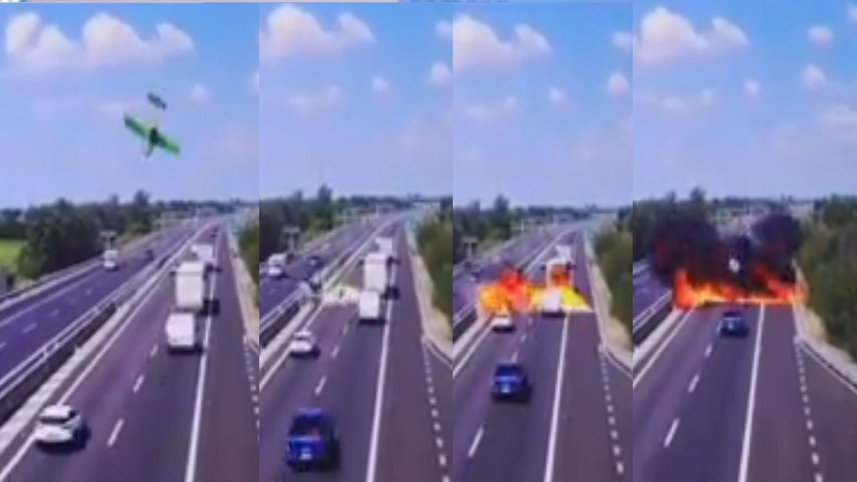 La secuencia de la caída de una avioneta en una autopista italiana. (Foto: Captura de TV)