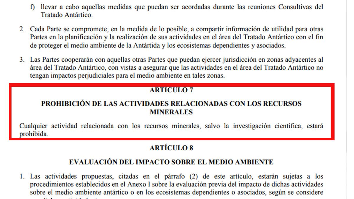 En la Antártida, todos los tratados y protocolos prohíben la explotación de recursos naturales (Foto: protocolo de Madrid de 1991).