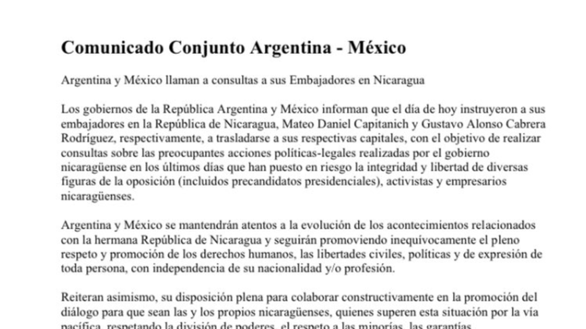 ¿Cambio de rumbo? Argentina y México citaron a sus embajadores en Nicaragua