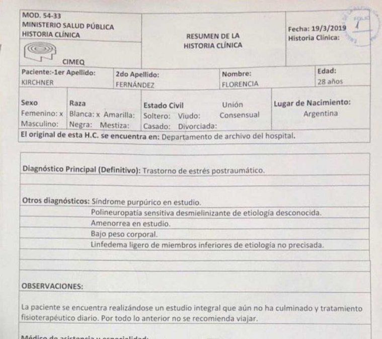 Cristina mostró la historia clínica de Florencia y confirmó que seguirá con tratamiento ambulatorio en Cuba