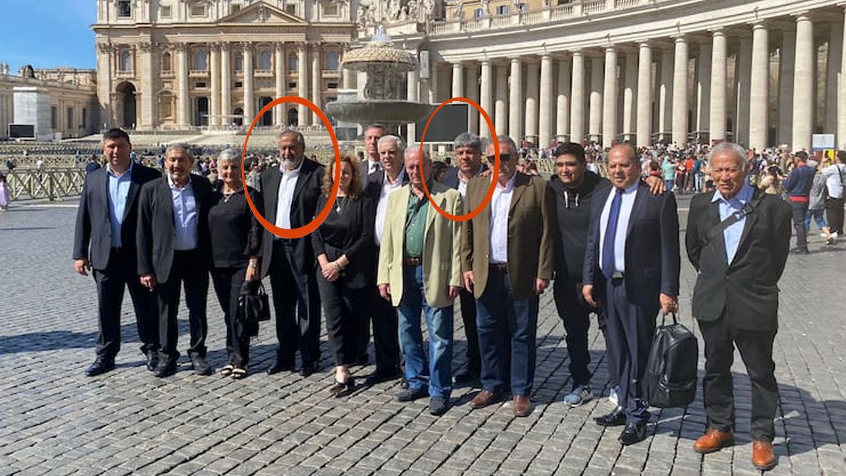 Héctor Daer y Pablo Moyano, con los otros líderes de la CGT, en El Vaticano para reunirse con el papa Francisco. (Foto: Cuenta de X de R.Amigo)