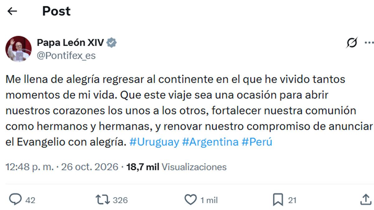 El mensaje personal de León XIV que confirma su viaje a la Argentina. (foto: cuenta de X de Pontifex)