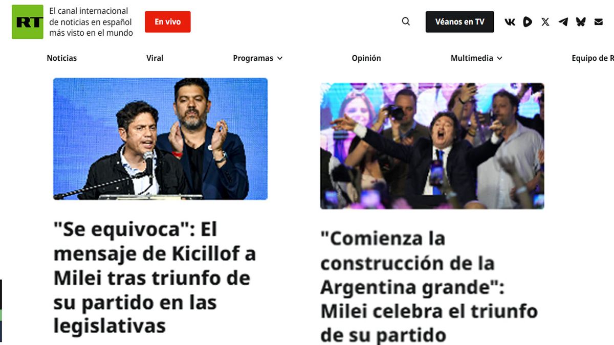 RT, el medio ruso, puso en un pie de igualdad a Milei y a Kicillof. (Foto: RT) RT, el medio ruso, puso en un pie de igualdad a Milei y a Kicillof. (Foto: RT)