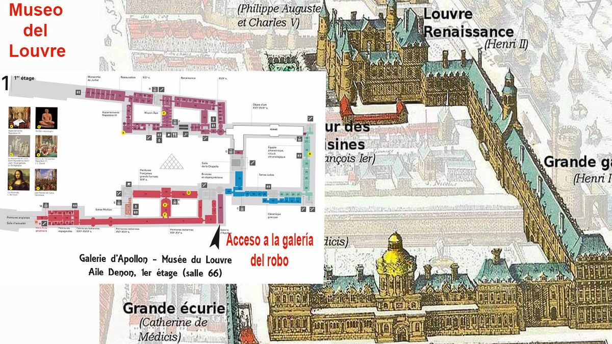 El lugar de la galería del primer piso del Louvre, en dónde se produjo el increíble robo. (Foto: A24.com)