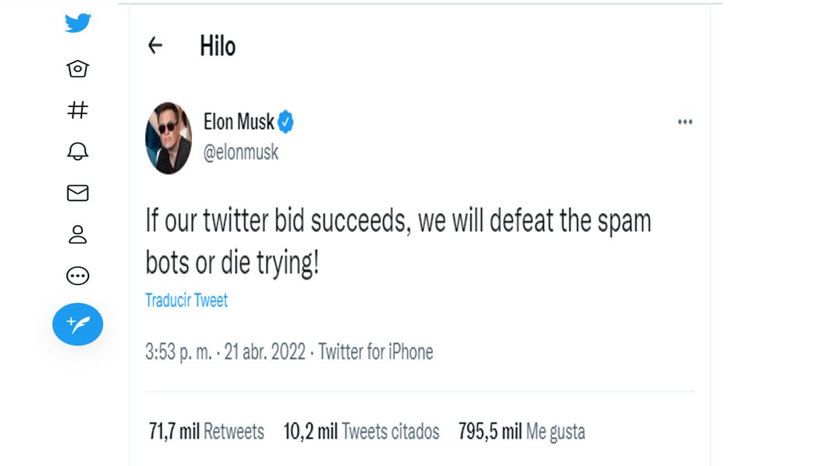 El tuit que lanzó la tormenta. Elon Musk suspende la compra de Twitter (cuenta de Twitter de Elon Musk)