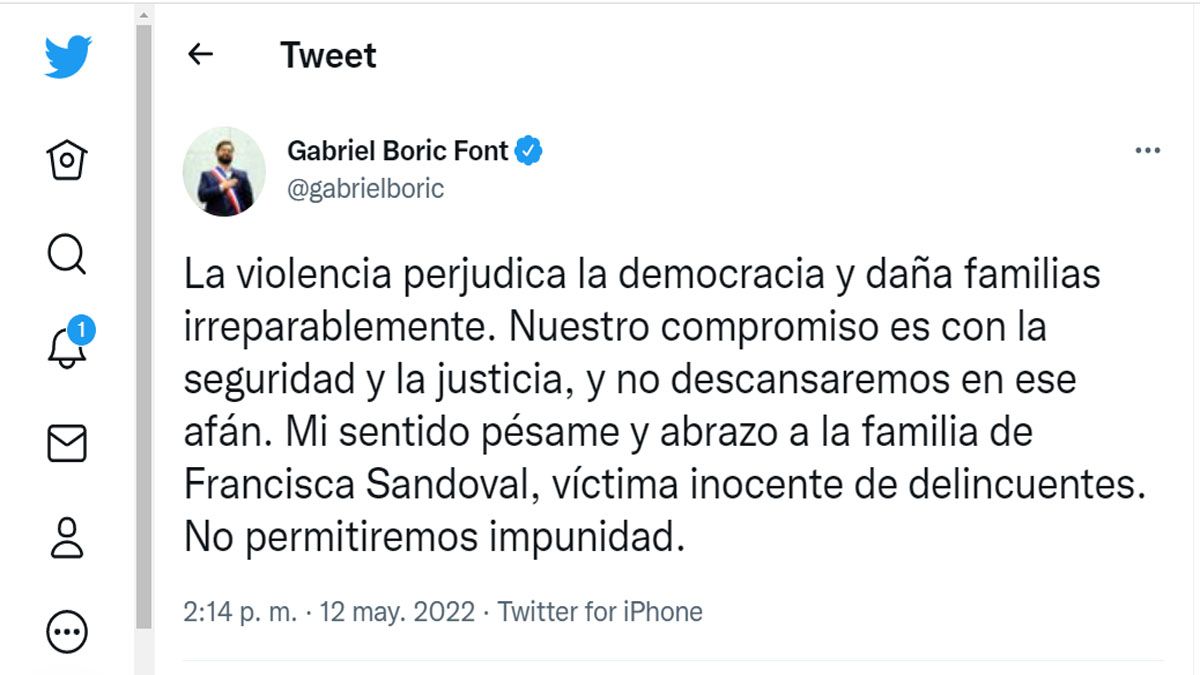  El presidente chileno, Gabriel Boric condenó el asesinato de la periodista (Foto: Cuenta de Twitter de Boric)