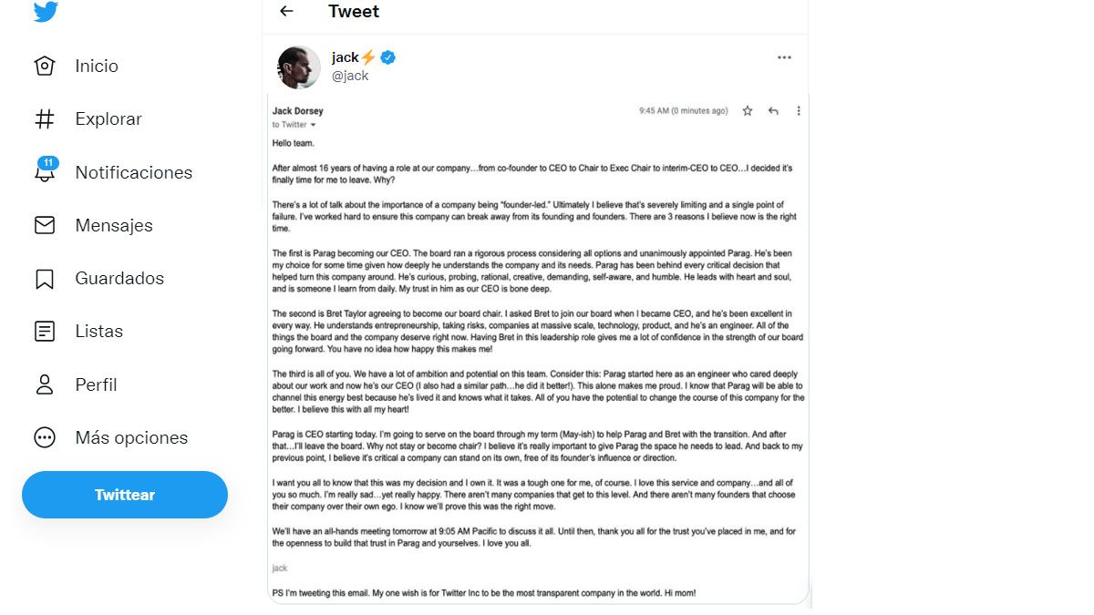 la carta de despedida de Jack Dorsey como CEO de Twitter, la empresa que creó en 2006 (Foto: Twitter de Jack Dorsey)  