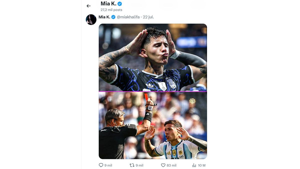 Mia Khalifa se burla de la Argentina con dos im&aacute;genes de Enzo Fern&aacute;ndez. (Foto: Cuenta de M. Khalifa)