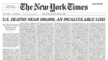 La impactante tapa del New York Times que refleja la cantidad de muertos en Estados Unidos por coronavirus