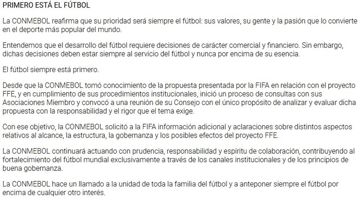Comunicado de la Conmebol. (Foto: captura de pantalla)