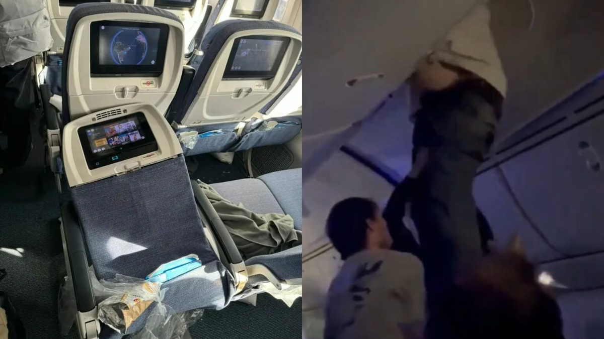 Aterrizaje de emergencia en un vuelo de Air Europa: rescataron a un pasajero de adentro del portaequipajes tras salir volando por la turbulencia. (Foto: captura)