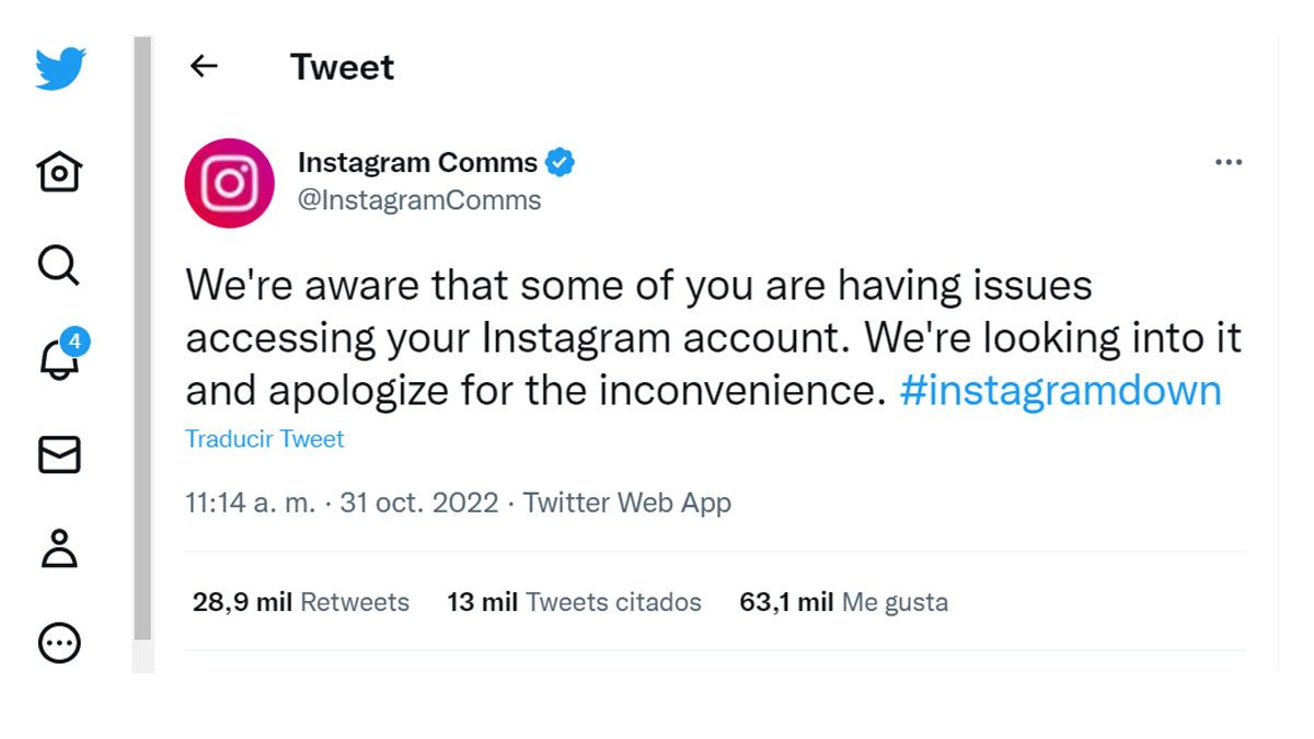 Instagram public&oacute; un breve pedido de disculpas mientras trabajaba para solucionar el padecimiento de miles de usuarios en todo el mundo (Foto: cuenta de Twitter de Instagram)