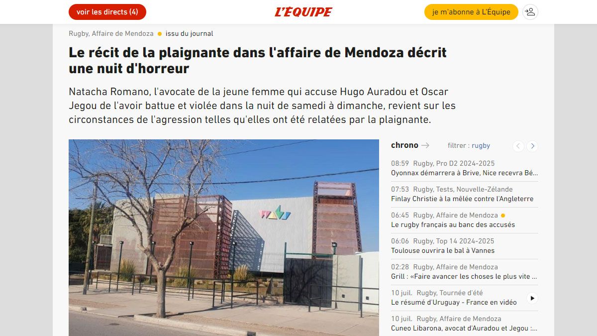 Los rugbiers franceses detenidos y acusados de violaci&oacute;n, en tapa de la publicaci&oacute;n L'Equipe. (Foto: L'Equipe)