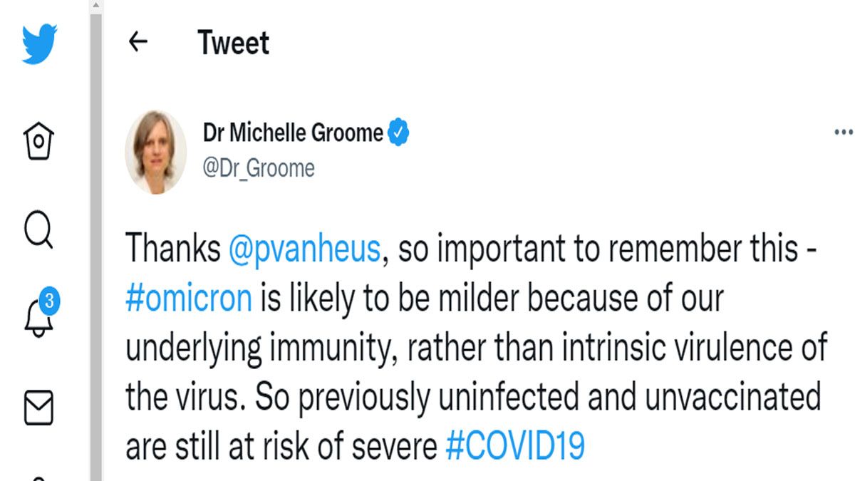 La doctora sudafricana, Michelle Groome, dice que la baja gravedad en los contagios por Ómicron por la carga inmunológica de las vacunas   