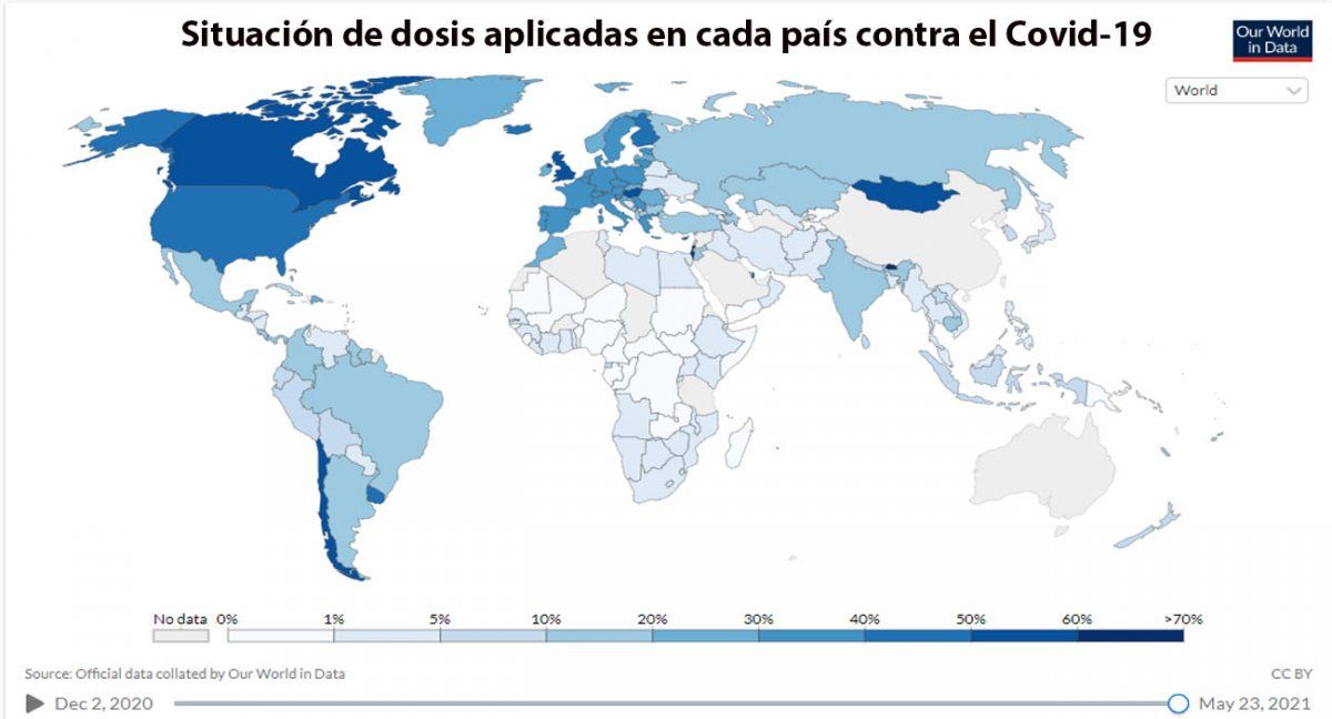 Cuanto más fuerte es el color azul, mayor es el número de dosis aplicadas (Foto: Our World in data)