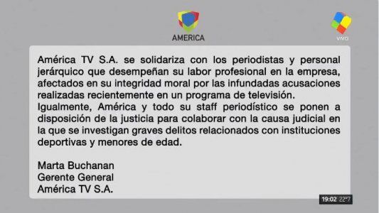 América TV expresó su solidaridad con periodistas y personal jerárquico ante las acusaciones