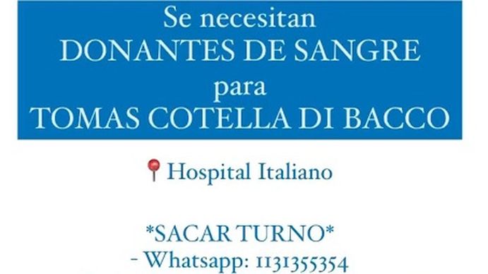 Se necesitan donantes para Tomás Cotella Di Bacco