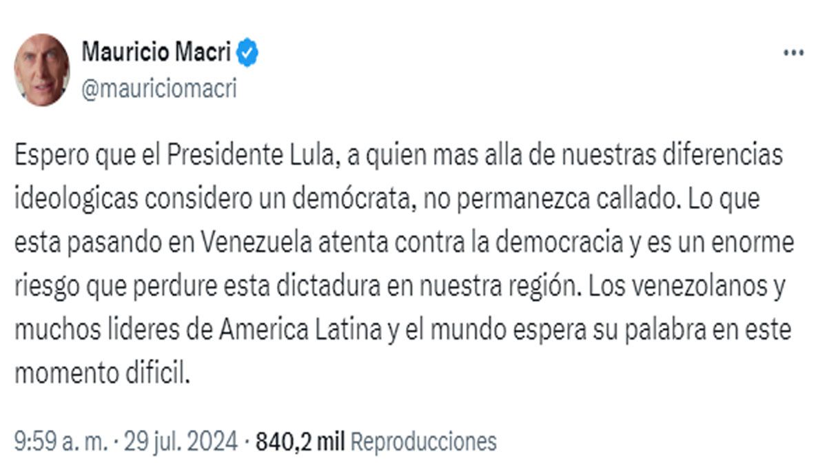 Mauricio Macri le pide a Lula da Silva que se defina ante la elección irregular en Venezuela que dio ganador a Maduro. (Foto: cuenta de X de Macri)