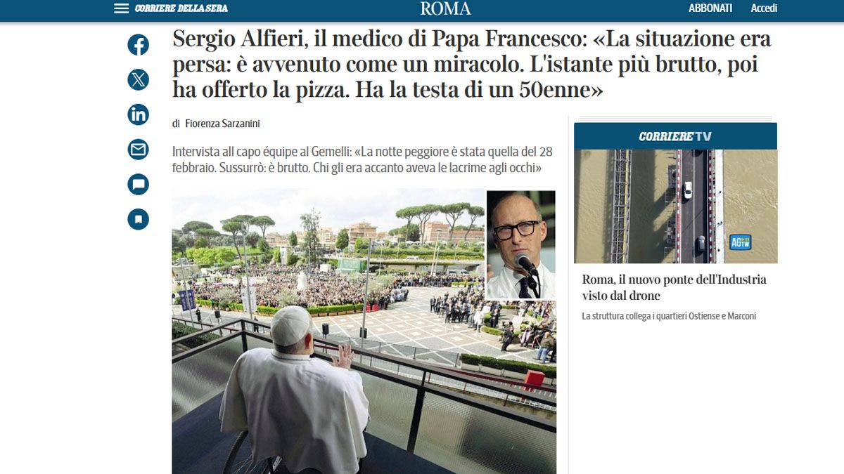 La nota en el diario "Corriere della Sera" en la que se detallan los dos momentos en que el papa Francisco estuvo al borde de la muerte. (Foto: Corriere della Sera)