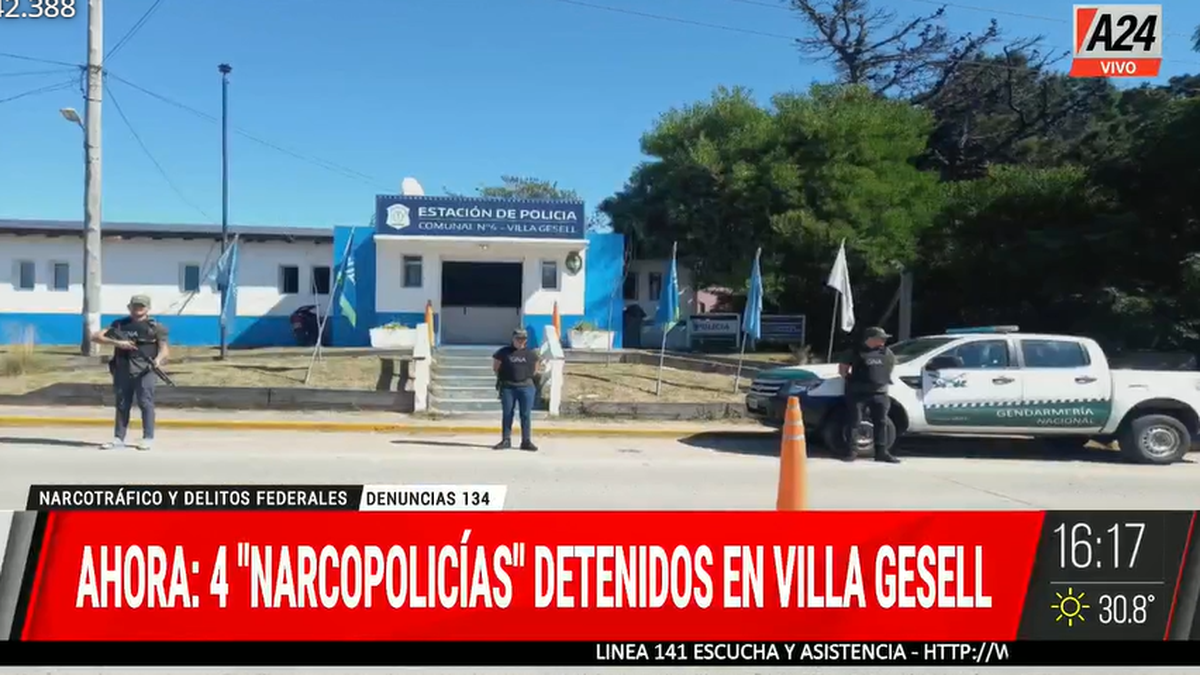Cayó la banda de narcopolicías en Villa Gesell. (Foto: captura A24)