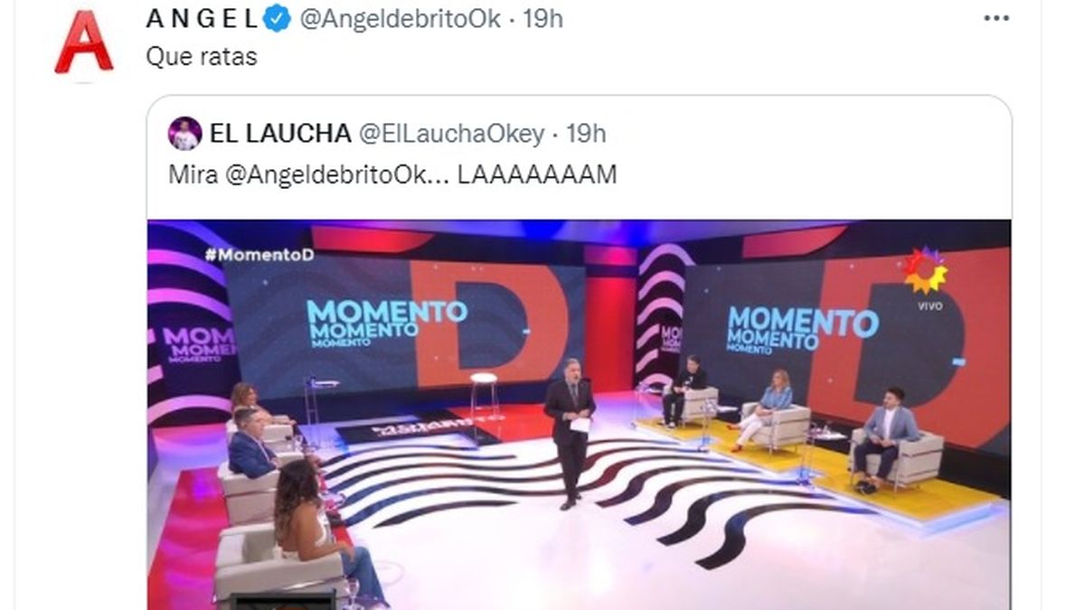 &Aacute;ngel de Brito y algunos de sus tuits sobre la similitud de la escenograf&iacute;a del nuevo programa de Fabi&aacute;n Doman con la de LAM.&nbsp;