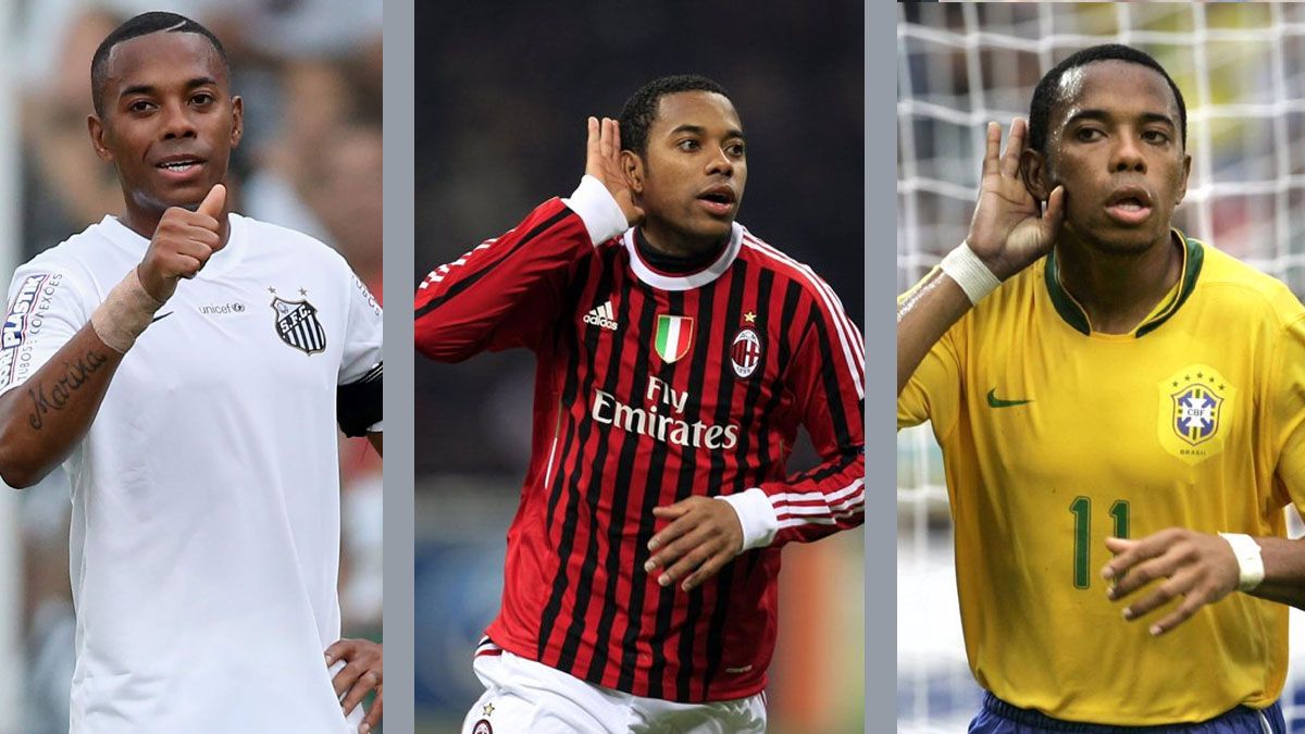 Tres momentos de la vida deportiva de Robinho. Explosi&oacute;n como estrella en el Santos, su paso por el Milan y campe&oacute;n mundial con la selecci&oacute;n de Brasil. (Foto: A24.com) &nbsp;