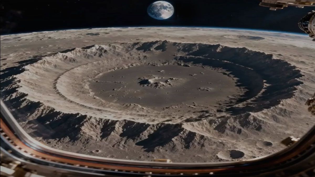 Uno de los mayores cráteres de la Luna. Al fondo de la imagen, nuestro planeta. (Foto: NASA)