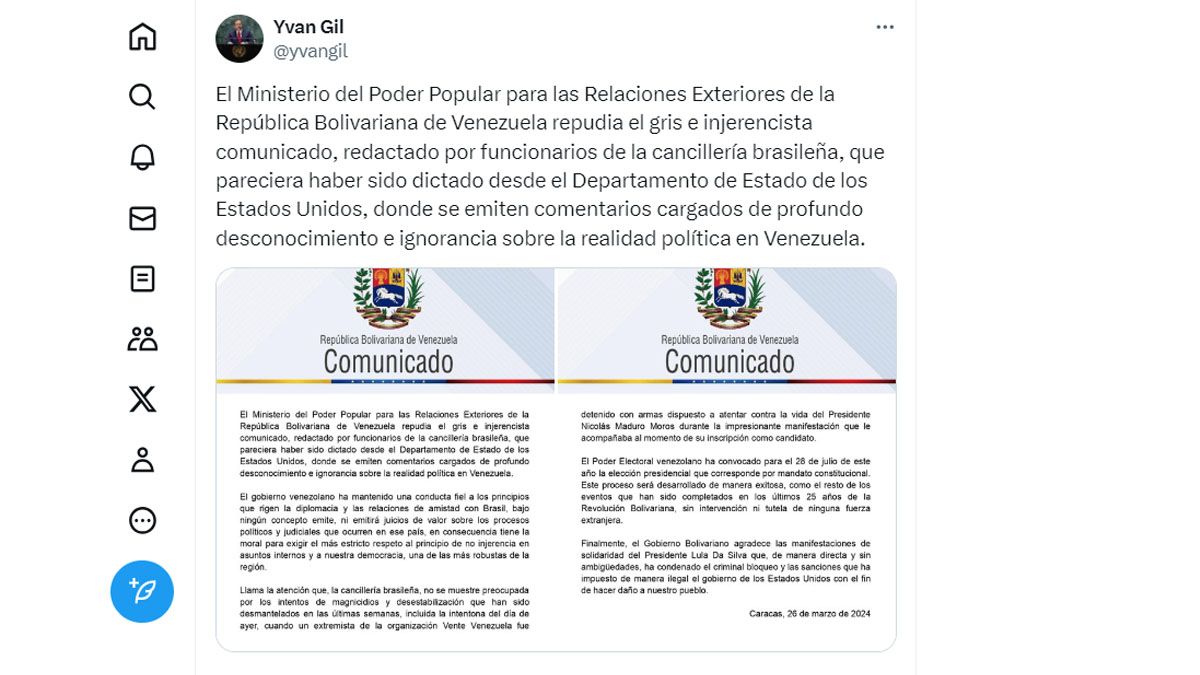 Venezuela denuncia "injerencia" de Brasil y Colombia en el proceso electoral presidencial (Foto: comunicado de la Canciller&iacute;a venezolana).