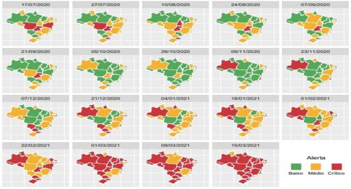 Mapas de Brasil en una secuencia que muestra cómo evolucionó la disponibilidad de unidades de cuidados intensivos en los 26 estados brasileños desde julio de 2020. El rojo señala la situación crítica en que hay déficit de unidades. (Foto:Fiocru)