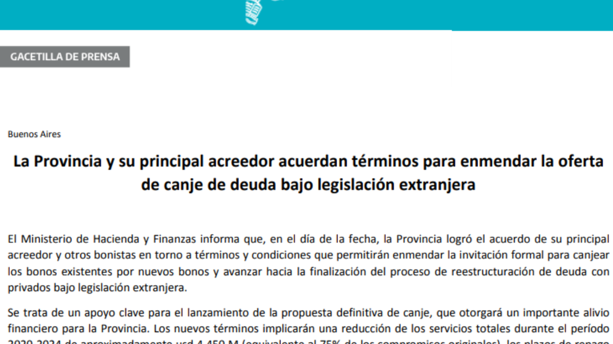 Acuerdo entre la Provincia y su principal acreedor por la deuda privada en el extranjero